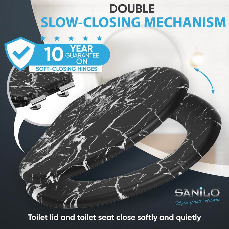 SANILO Wooden Toilet Seat with Soft Close [ELONGATED] - Decorative, Quiet & Slow Close Molded Wood Seat - With Strong Bumpers & Hinges - Adjustable Fit - Marble Black - Image 2